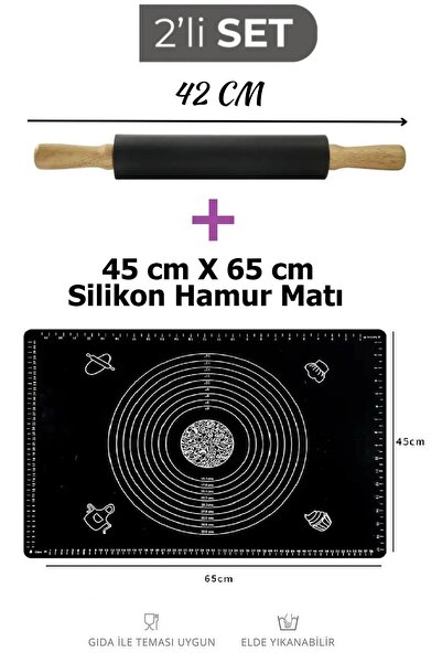 ZUZU MADE 2'li Set Siyah 45x65 Cm Silikon Hamur Açma Matı Ve Bambu Saplı Sili...