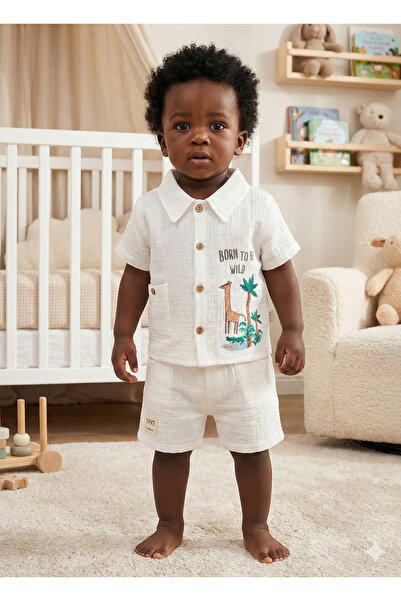 Mini Baray Organic 100% Cotton Giraffe Printed Baby Boy Summer Set with Pocke...