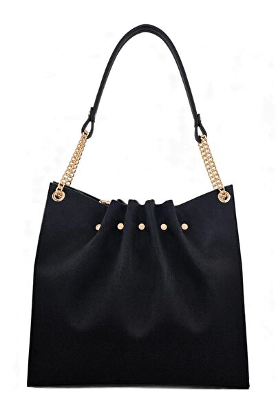 Evident Black Nubuck Chain Detailed Pleated Women's Shoulder Bag