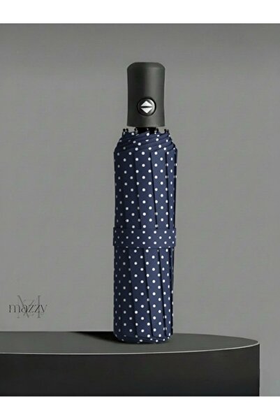 Mazzy Tam Otomatik Rüzgara Dayanıklı Fiber Telli Lacivert Puantiyeli Şemsiye