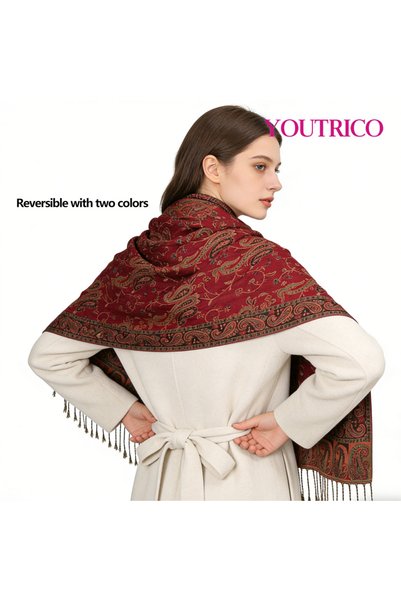 Youtrico وشاح نسائي بنقشة بيزلي، شال ناعم ودافئ، بشراشيب طويلة، من مجموعة الخريف/الشتاء، أحمر داكن