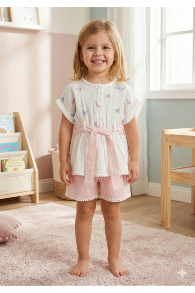 Mini Baray Organic Cotton Butterfly Girl Shorts Set (2-3-4-5 Years Old) - Bre...