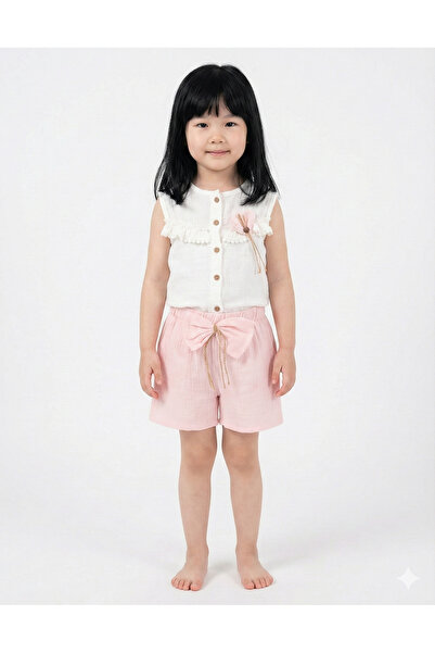 Mini Baray Girl's Set with Ruffle Detailed Muslin Shorts - 100% Cotton Breath...