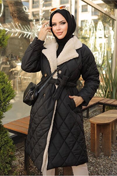 TRENDTESETTÜR KADIN SİYAH KUŞAKLI KÜRKLÜ KABAN T 4084