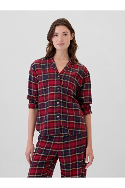 GAP Kadın Bordo Relaxed Flannel Pijama Üstü