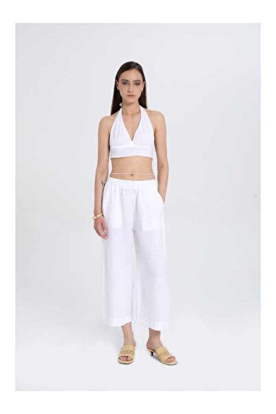 İpekçi Otantik Palazzo Linen Women's Trousers White