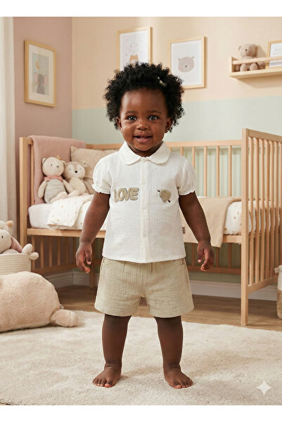 Mini Baray Süzene Embroidered Muslin Shorts Baby Girl Set 100% Cotton (9-12-1...