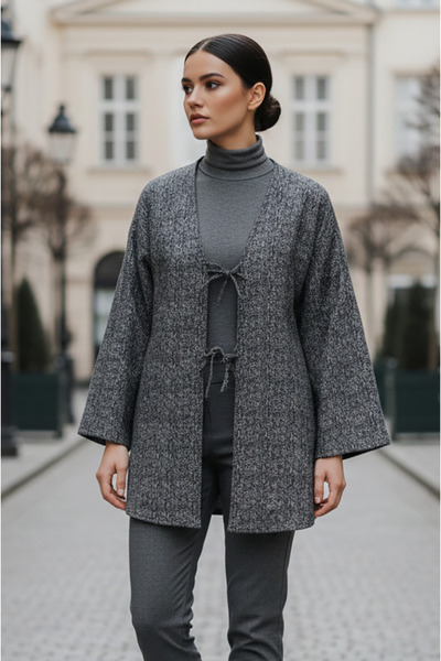 Aişe tesettür Tunica kimono antracit cu șireturi în față / țesătură lycra car...