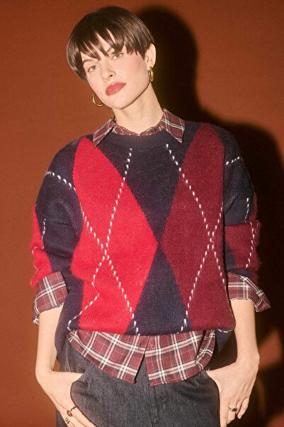 DeFacto Oversized Wide Fit Crew Neck Diamond Pattern Knitwear Sweater G6544Ax25Wn