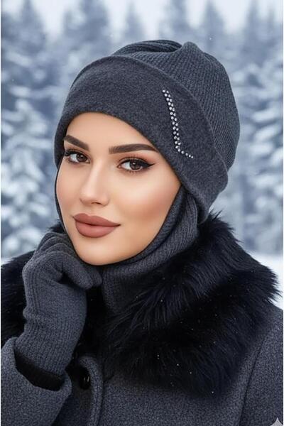 Aişe tesettür Antrasit Taşlı Maskeli Bere