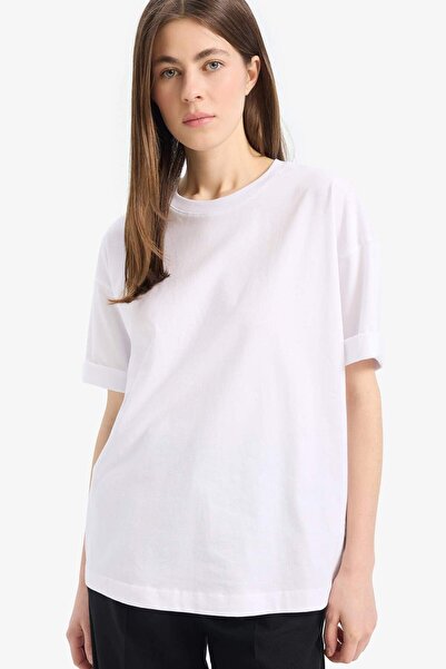DeFacto Oversize Geniş Kalıp Bisiklet Yaka Penye Basic Düz Kısa Kollu Beyaz Tişört C0099AX24SM
