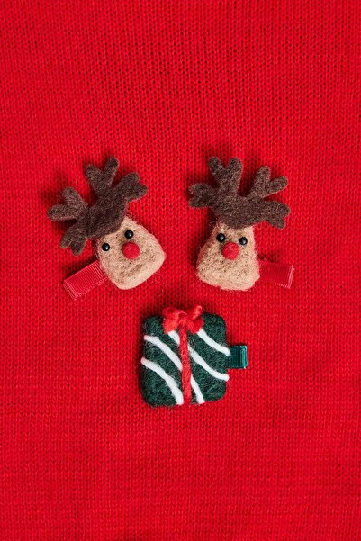 DeFacto Girl's Christmas Deer Themed 3-Piece Snap Buckle F7062Axns