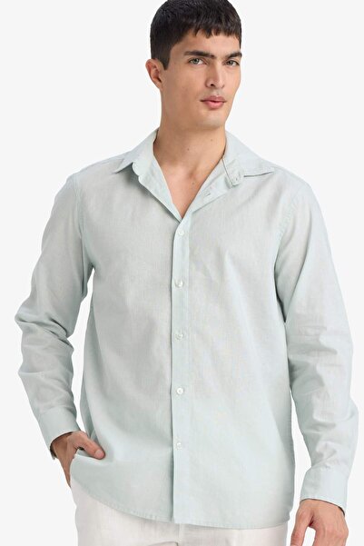 DeFacto Regular Fit Polo Yaka Keten Karışımlı Yazlık Uzun Kollu Gömlek E0518A...