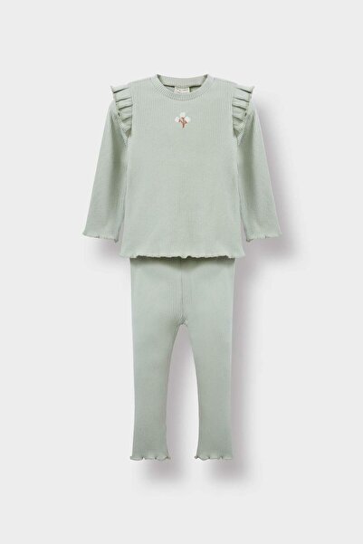 DeFacto Okul Kız Bebek Çiçekli Fitilli Kaşkorse Uzun Kollu Tişört Tayt 2'li T...