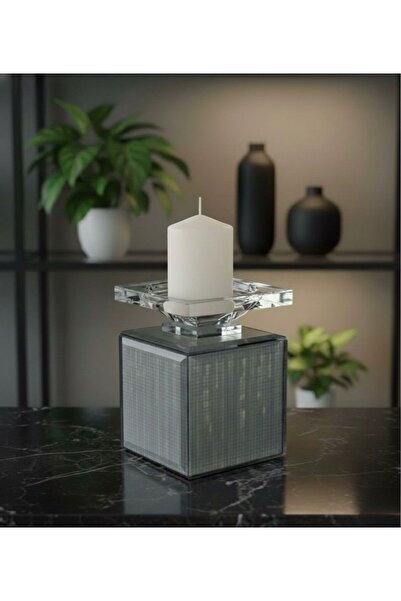 PINALE ART Lüks İşlemeli Aynalı Dekoratif Mumluk Şamdan 9x9x12 cm