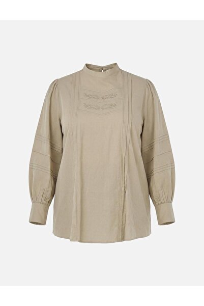 Kayra Ribbed Stitched Cotton Linen Blouse Mold Green