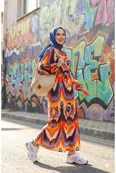 sefamerve Φόρεμα με φύλλο με σχέδιο βισκόζης - Navy Blue Coral 0501-02