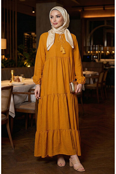 sefamerve Yaka Bağcıklı Kat Kat Elbise 4107-14 Hardal