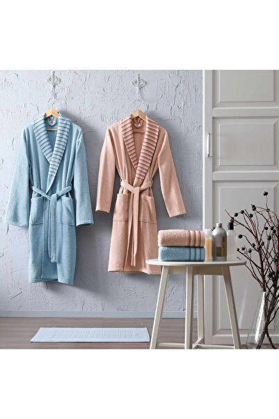 Taç Simple Pamuk 5'li Aile Bornoz Seti Somon