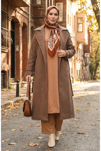 sefamerve طقم تونيك وبنطلون بني حليبي - 0549-04، خيطين