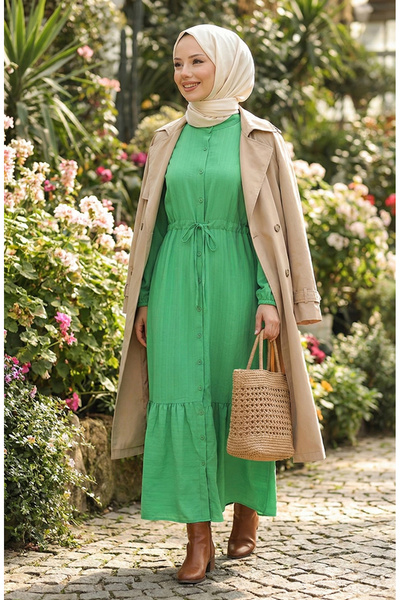 sefamerve Зелена рокля с копчета и плисирана пола - 0351-04