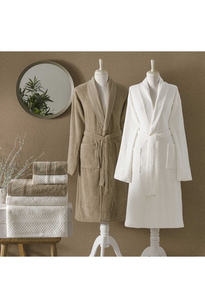 Taç Bliss Pure Cotton Cotton Family Bathrobe Set Ecru Brown