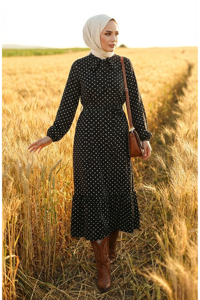 sefamerve Μαύρο φόρεμα με στάμπα και ζώνη - 0383-01