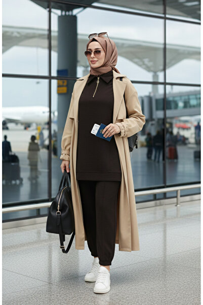 sefamerve Set de două piese pantaloni tunică sport 5090-01 maro