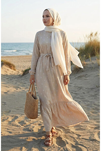 sefamerve Rochie Bej Berra Anchor Bumbac Viscoza 0344-01