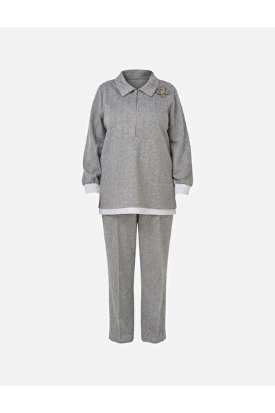 Kayra Brooched Relaxed Fit Double Suit Gray