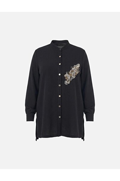 Kayra Stone Embroidered College Collar Tunic Black