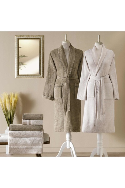 Taç Flame Bamboo Classic Family Bathrobe Set Stone Brown