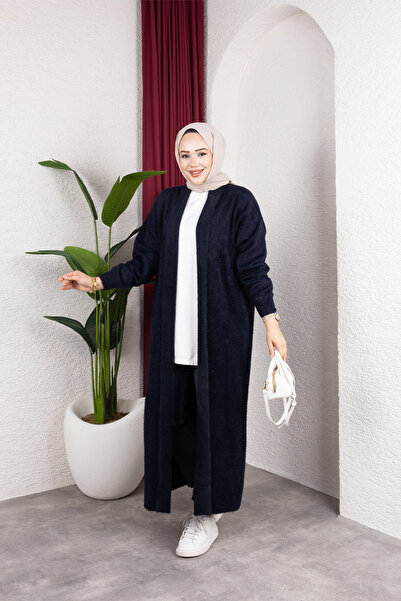 HİRA LİFE FASHİON سترة نسائية طويلة من التريكو مع ياقة شال وريش كثيف