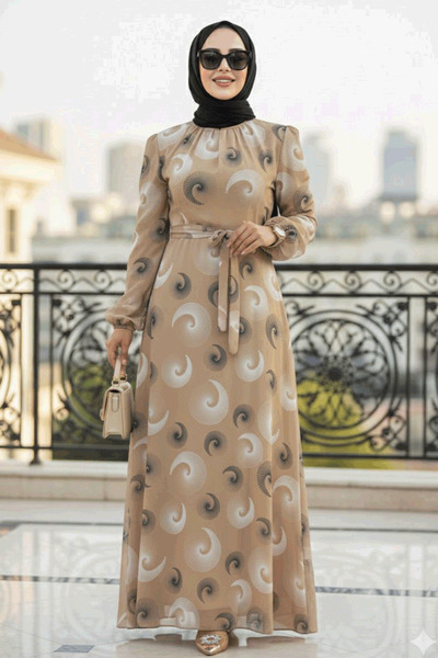 Neva Style Φόρεμα Hijab με σχέδιο μπεζ 27945BEJ
