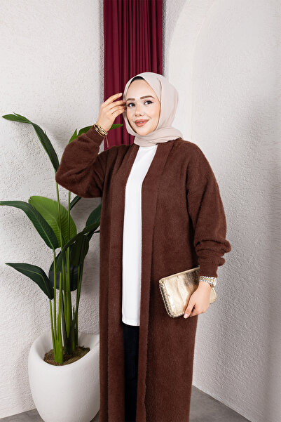 HİRA LİFE FASHİON Women's Shawl Collar Long Knitwear and Bearded Furry Cardigan