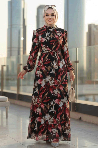 Neva Style فستان حجاب أحمر منقوش بالزهور 27941K