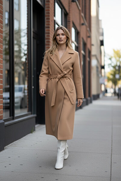 Pitti Women's Camel Belted Lined Long Coat 70426.