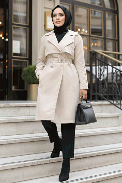 Neva Style Μπεζ Hijab Trench Coat - Με Ζώνη, Μοντέλο 61171BEJ