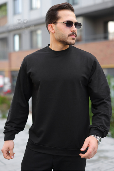 Berka Siyah Bisiklet Yaka Oversize Basic Erkek Pamuklu Sweatshirt | Premium Kalite Rahat Kesim