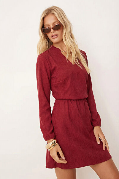 armonika Women's Burgundy Velvet V-Neck Elastic Waist Slim Ribbed Flared Dress Arm-25K001049