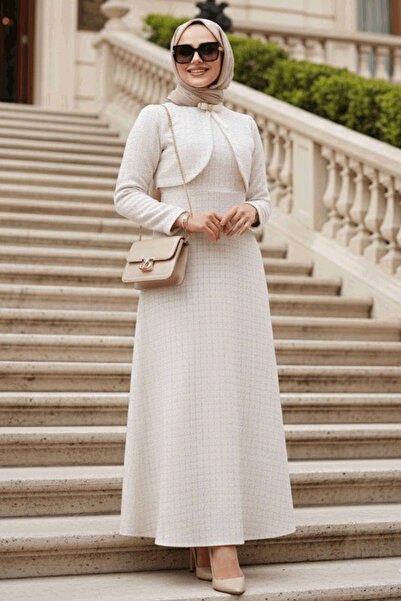 N.S NEVA STYLE Kareli Krem Tüvit Tesettür Elbise 62512KR