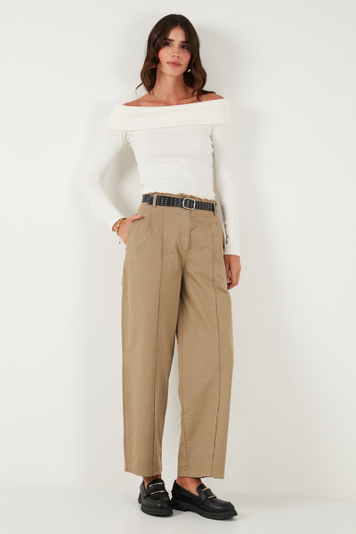 Lela Cotton Relaxed Fit Wide Leg Stitching Detail Belted Pants Trousers 68351208