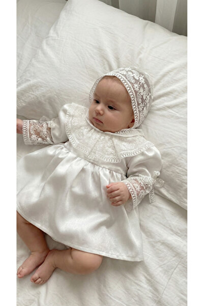 MONTİNA Kız Bebek Beyaz Saten Güpür Dantelli Lüks Mevlüt Takımı ve Şapkası - ...