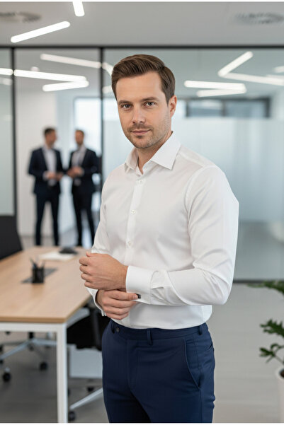 YusGos Long Sleeve Cotton Satin Easy Iron Regular Fit High Quality Premium Men's Shirt White XL