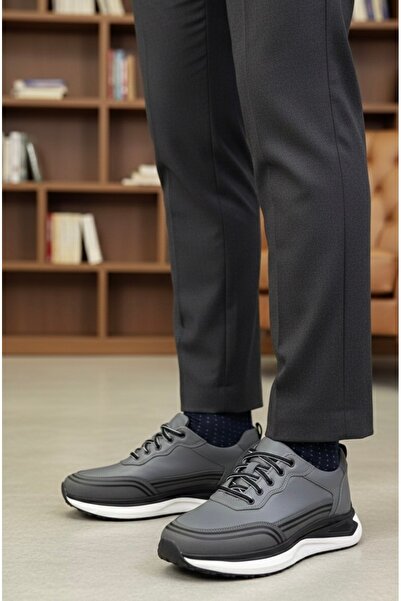 ATA AYAKKABI Men's Gray Lace-Up Genuine Leather Casual Shoes Comfortable Orth...