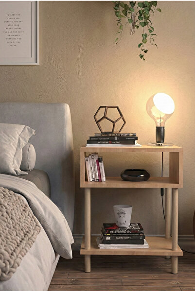 PEKA 2 Raflı Modern Komodin Yatak Odası Başucu Düzenleyici Ahşap Ayaklı Yan Sehpa - Safir Meşe