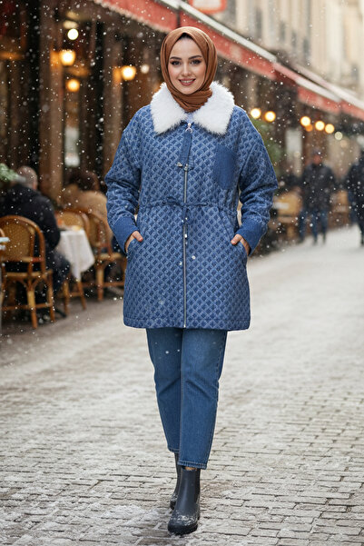 Lale Butik Fur Detail Zipper Detail Quilted Bomber Jacket 14268 Blue