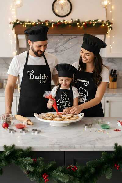 Dolce Anne-çocuk-baba Mutfak Önlük Seti - Şapkalı - Siyah Önlük-beyaz Baskı