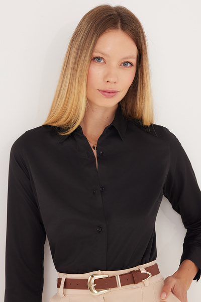 Tudors Women's Slim Fit Slim Fit Bodycon Long Sleeve Black Basic Shirt