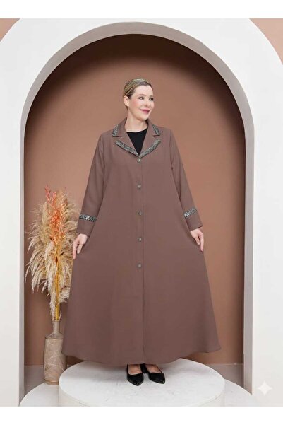 GigiTex Hijab Crepe Buttoned Mevlana Pul Sequin Detailed Pocketed Abaya Ferac...